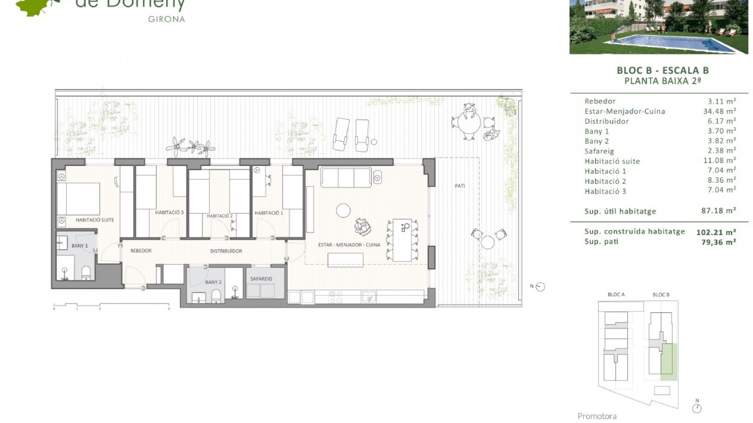 Planta baja de obra nueva en venta, a la Zona de Domeny de Girona jardín y piscina comunitaria.